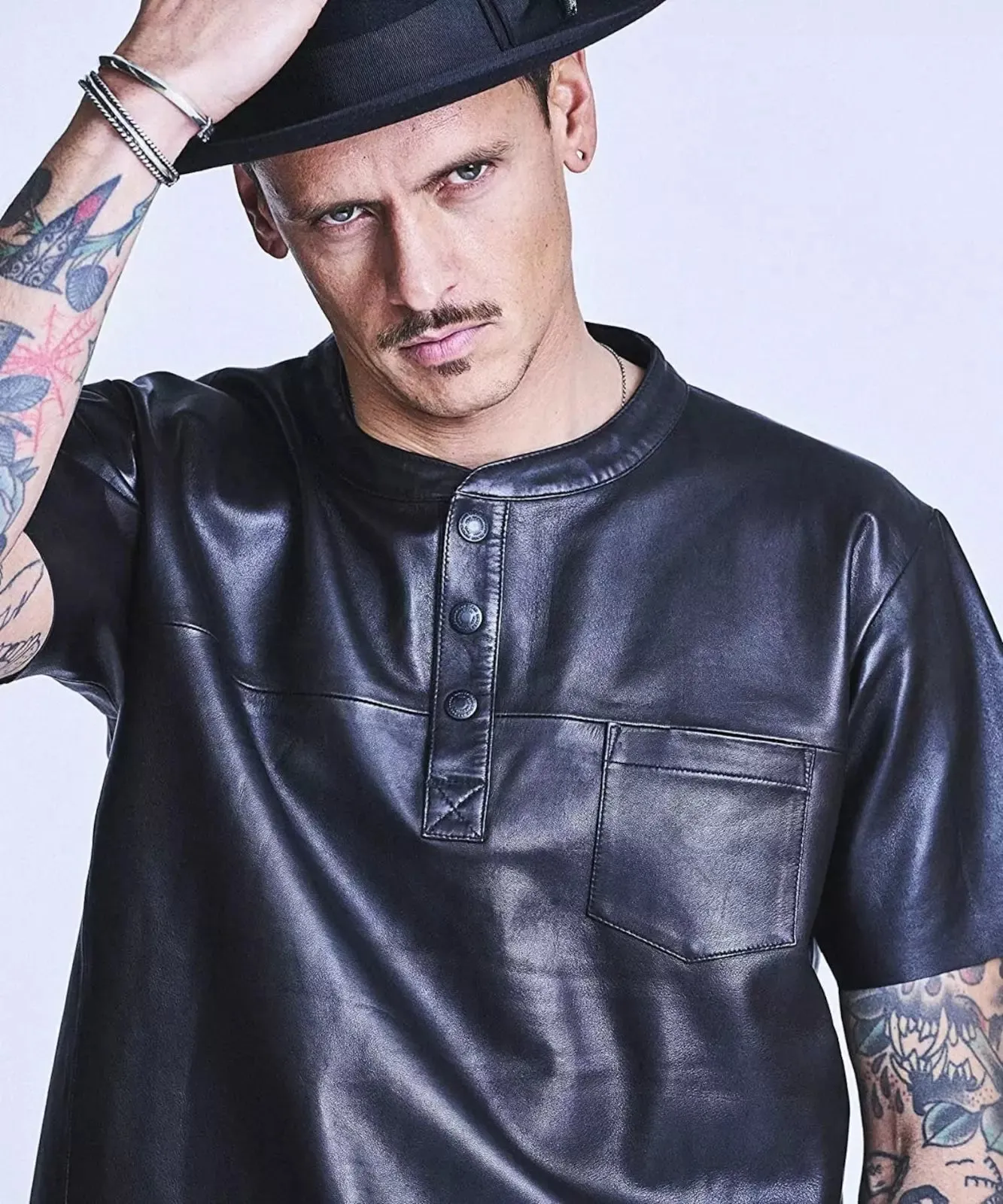 Men's & Boys 100 % Real High Quality Soft Lambskin Black Leather Biker T-Shirt