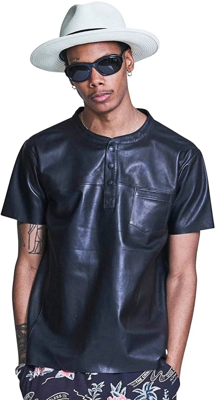Men's & Boys 100 % Real High Quality Soft Lambskin Black Leather Biker T-Shirt