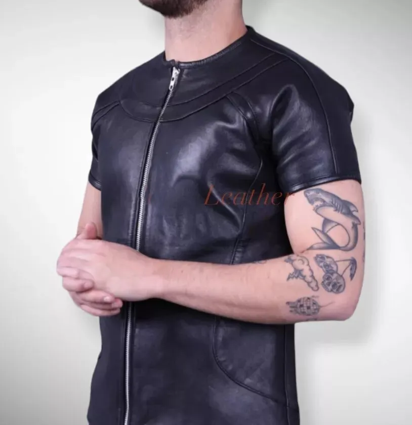 Men's & Boys Biker T-Shirts. 100% Real High Quality Soft Sheepskin Black Leather