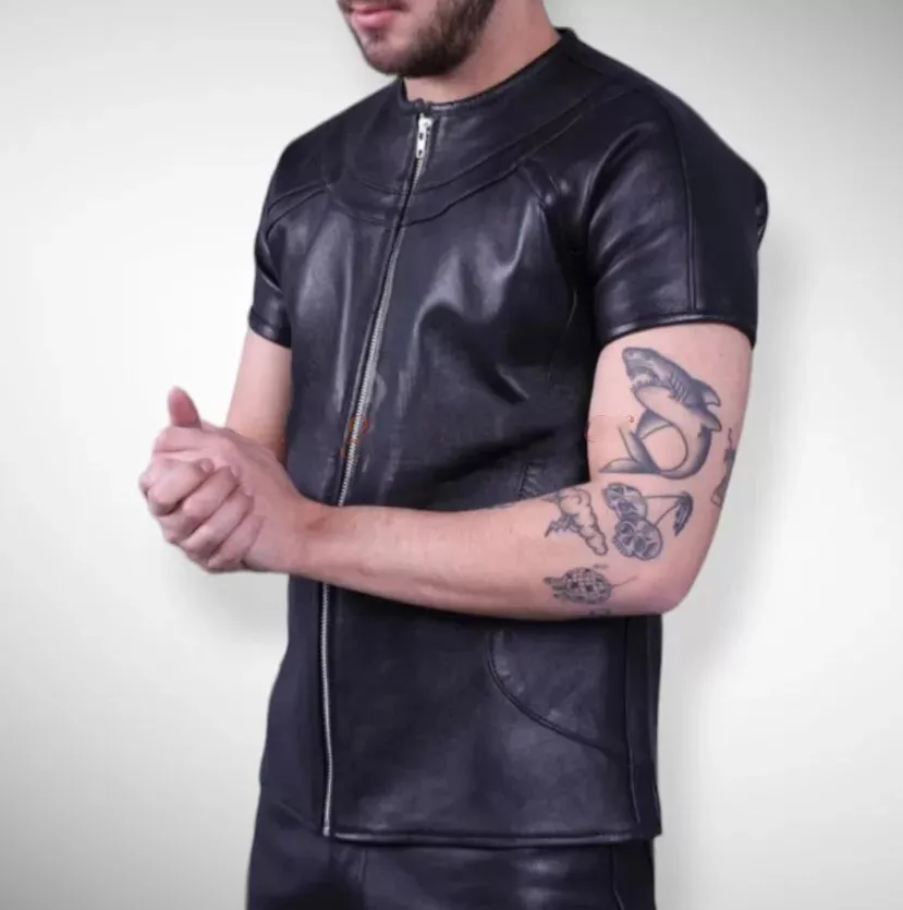 Men's & Boys Biker T-Shirts. 100% Real High Quality Soft Sheepskin Black Leather