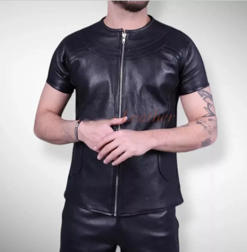 Men's & Boys Biker T-Shirts. 100% Real High Quality Soft Sheepskin Black Leather