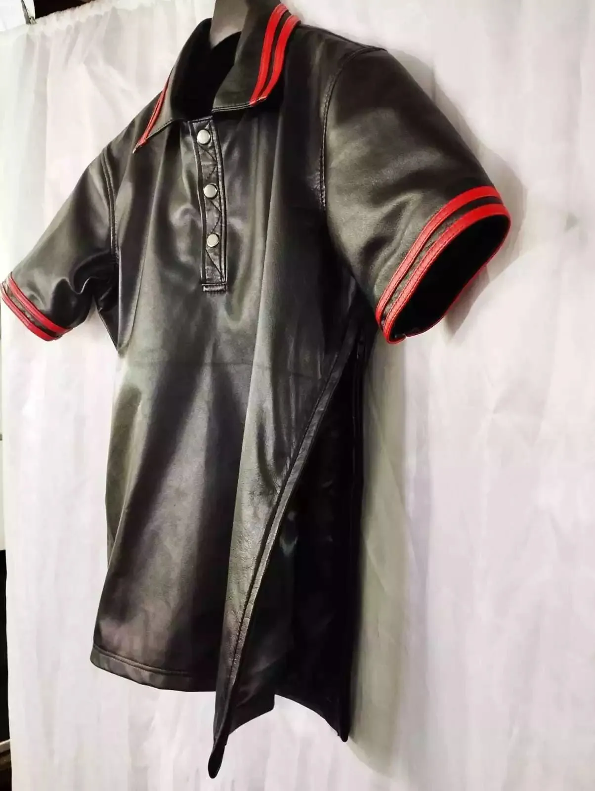 Men's & boys black biker Leather T-Shirt. Real Soft Sheepskin leather| Collared.