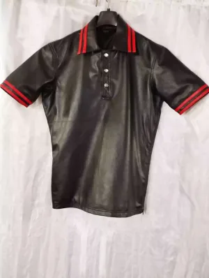Men's & boys black biker Leather T-Shirt. Real Soft Sheepskin leather| Collared.