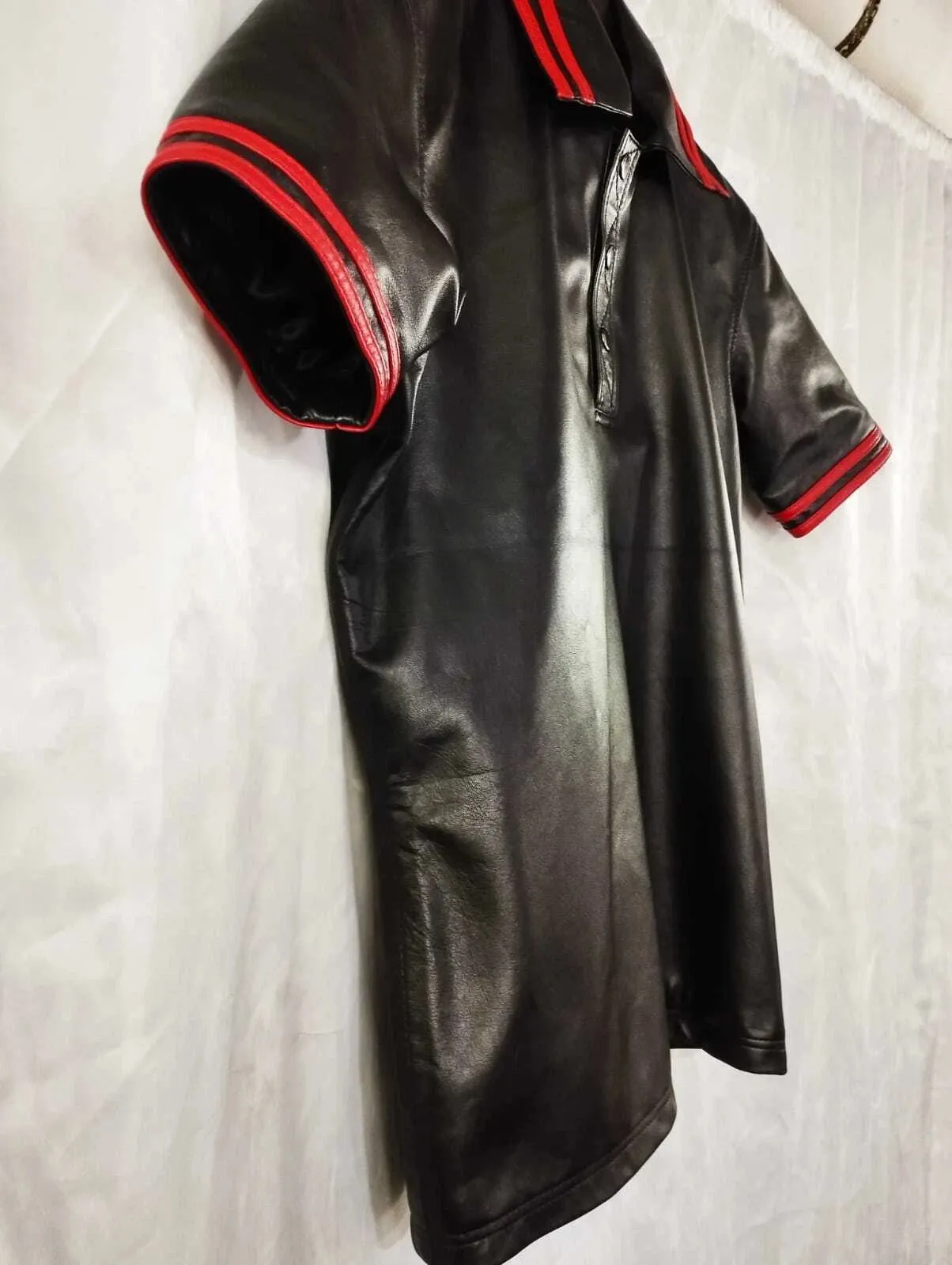 Men's & boys black biker Leather T-Shirt. Real Soft Sheepskin leather| Collared.