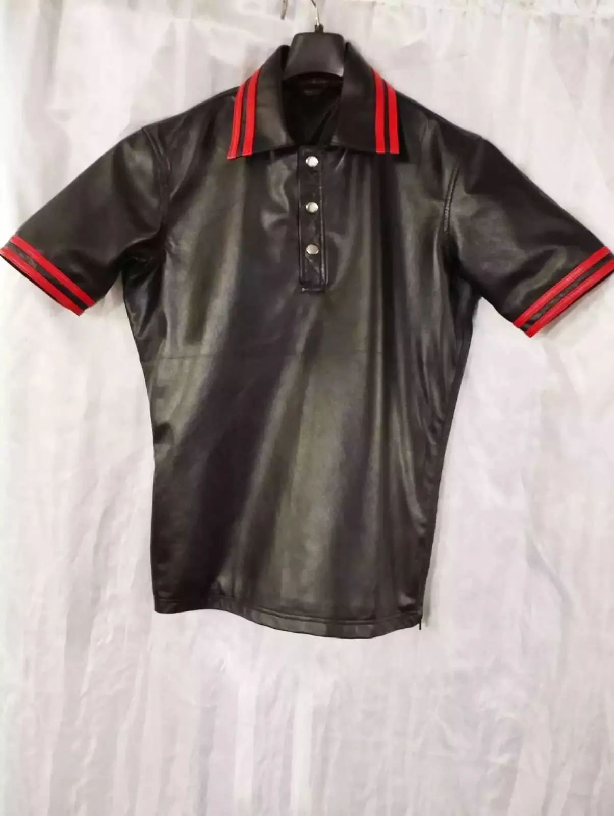 Men's & boys black biker Leather T-Shirt. Real Soft Sheepskin leather| Collared.