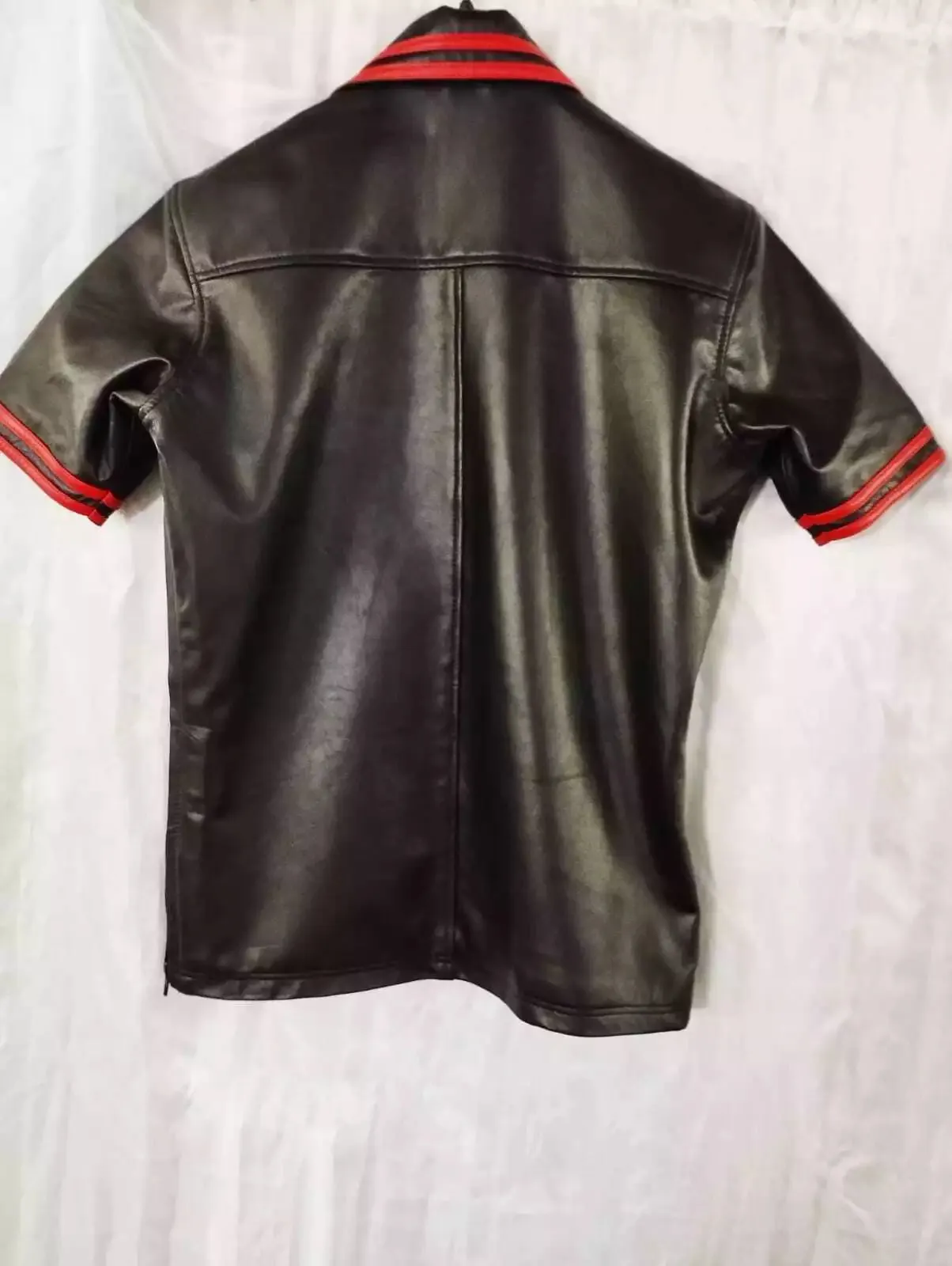 Men's & boys black biker Leather T-Shirt. Real Soft Sheepskin leather| Collared.