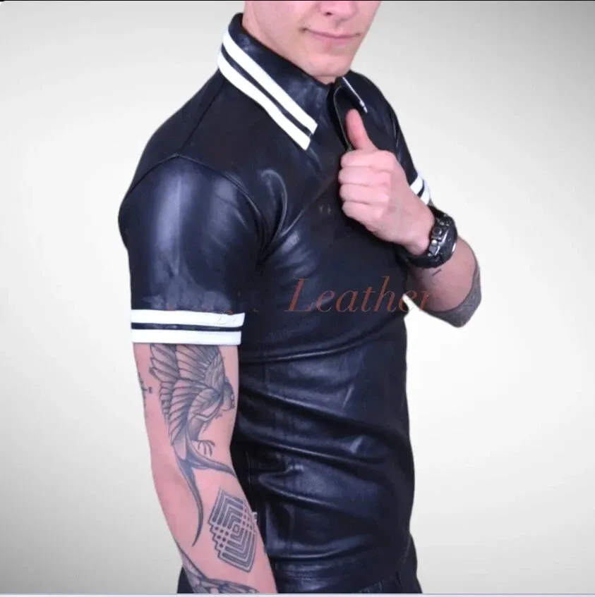 Men's & boys black biker Leather T-Shirt. Real Soft Sheepskin leather| Striped.