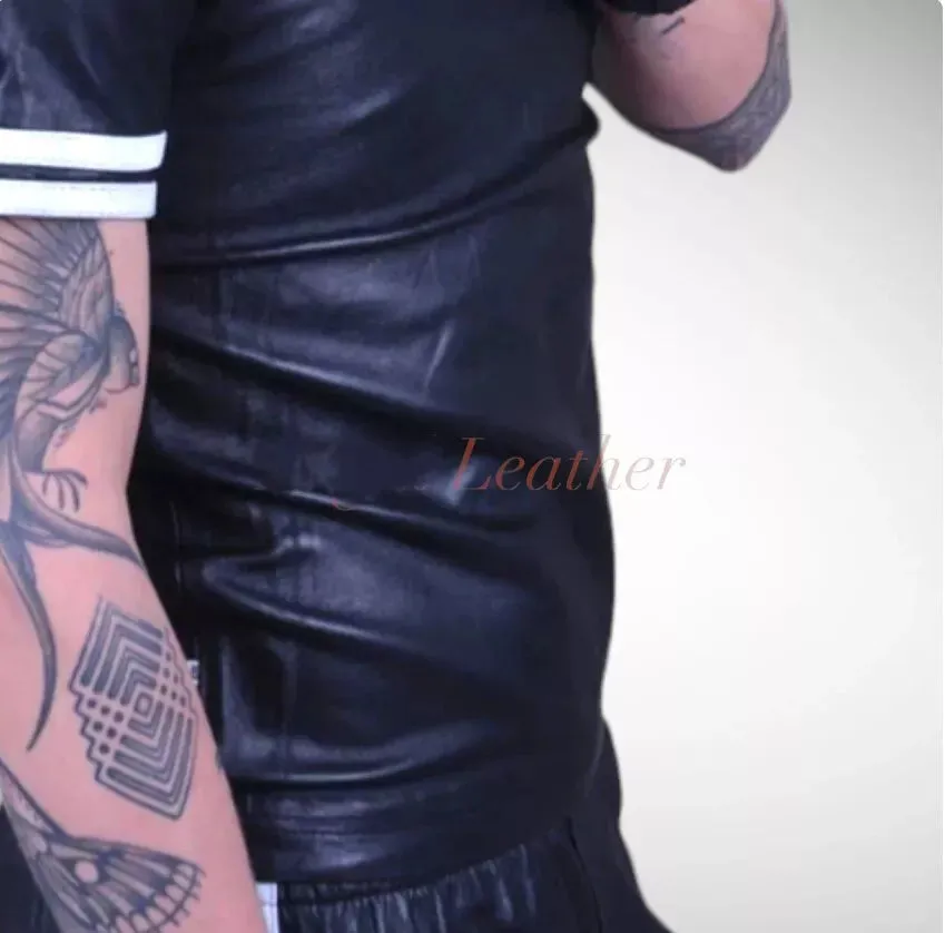 Men's & boys black biker Leather T-Shirt. Real Soft Sheepskin leather| Striped.