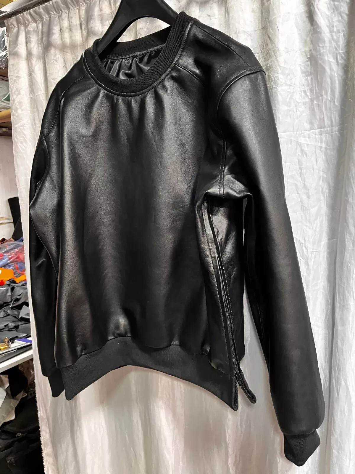Mens & Boys Black Leather Sweatshirt. Real Lambskin Leather Customized T-shirt M