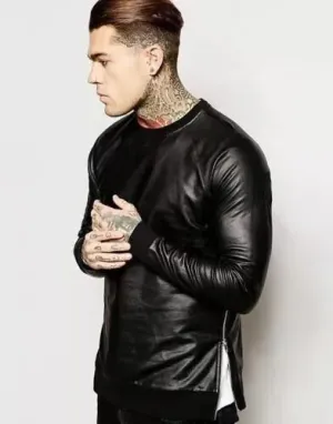 Mens & Boys Black Leather Sweatshirt. Real Lambskin Leather Customized T-shirt M