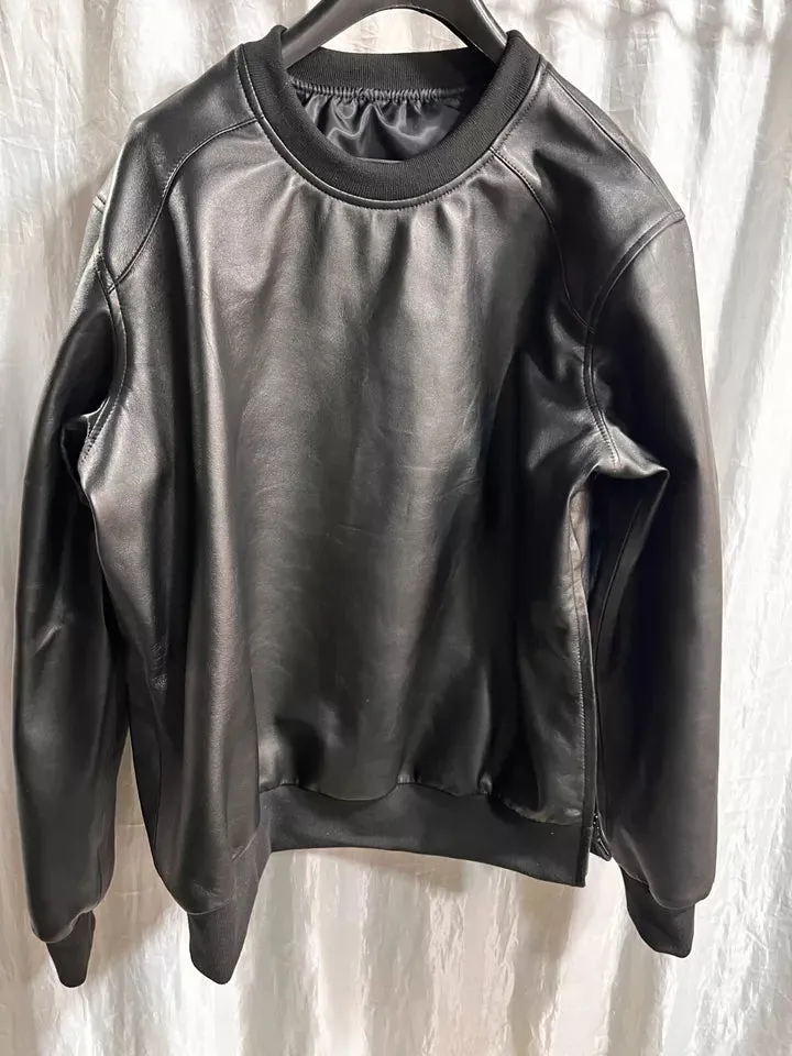 Mens & Boys Black Leather Sweatshirt. Real Lambskin Leather Customized T-shirt M