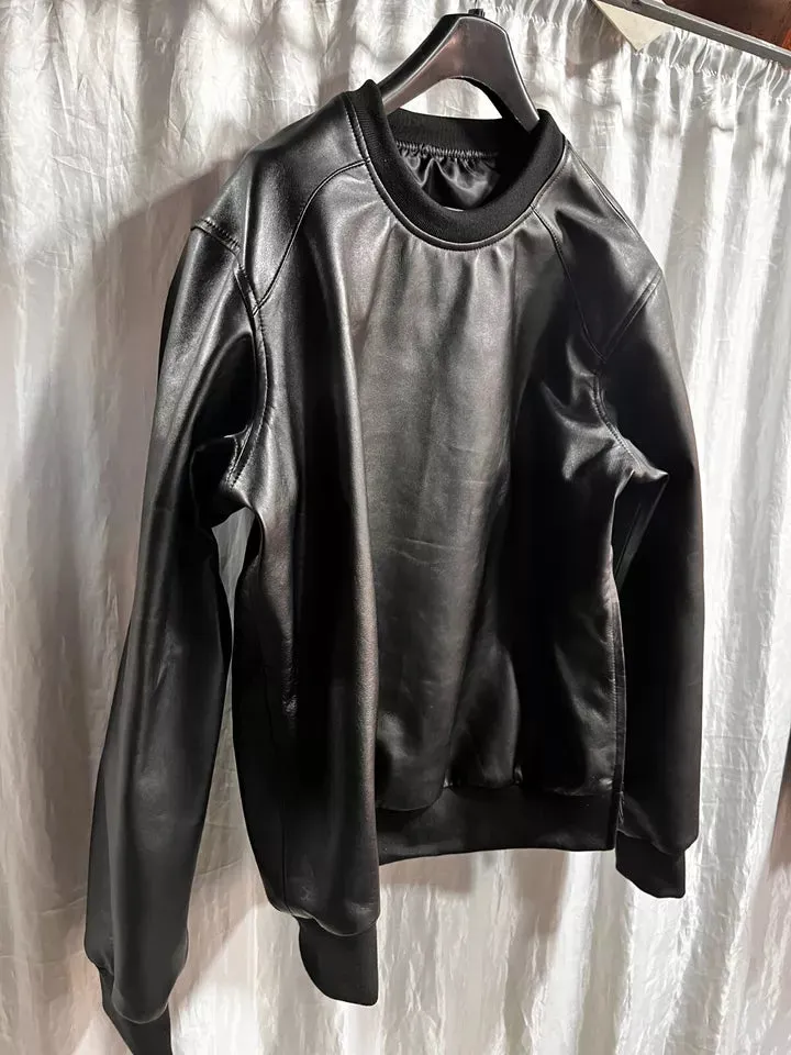 Mens & Boys Black Leather Sweatshirt. Real Lambskin Leather Customized T-shirt M