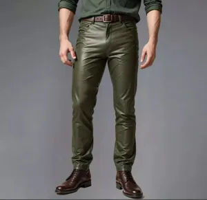 Men's Leather Olive Green Lambskin Sweat Jeans Pants. Real Soft Leather Jeans 34