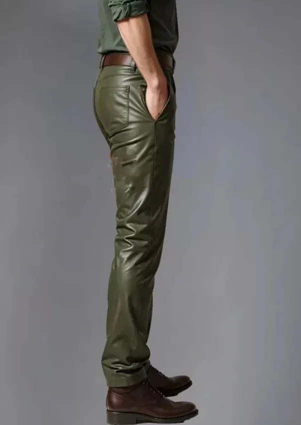 Men's Leather Olive Green Lambskin Sweat Jeans Pants. Real Soft Leather Jeans 34