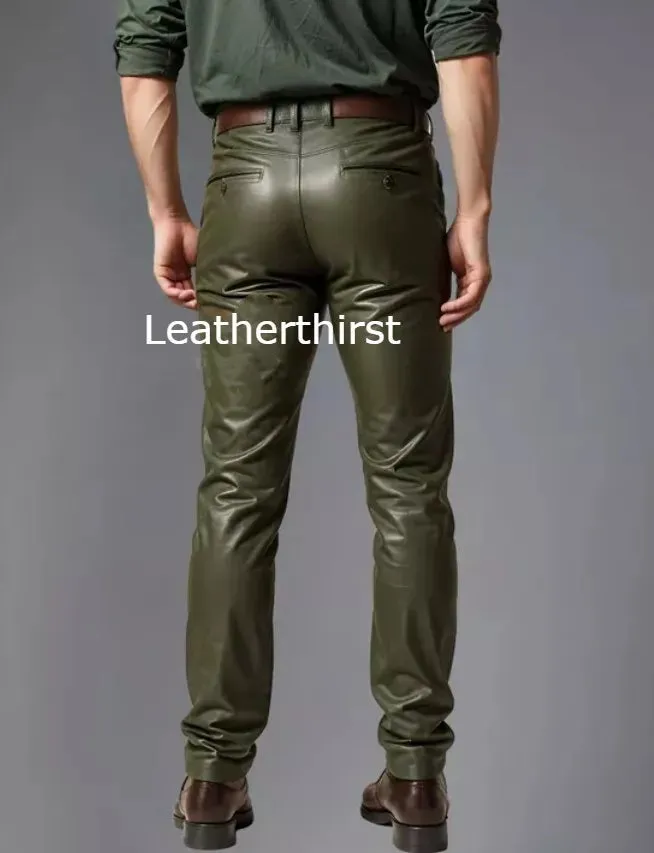 Men's Leather Olive Green Lambskin Sweat Jeans Pants. Real Soft Leather Jeans 34