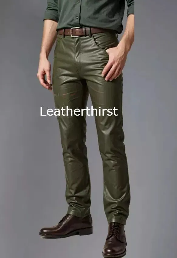 Men's Leather Olive Green Lambskin Sweat Jeans Pants. Real Soft Leather Jeans 34