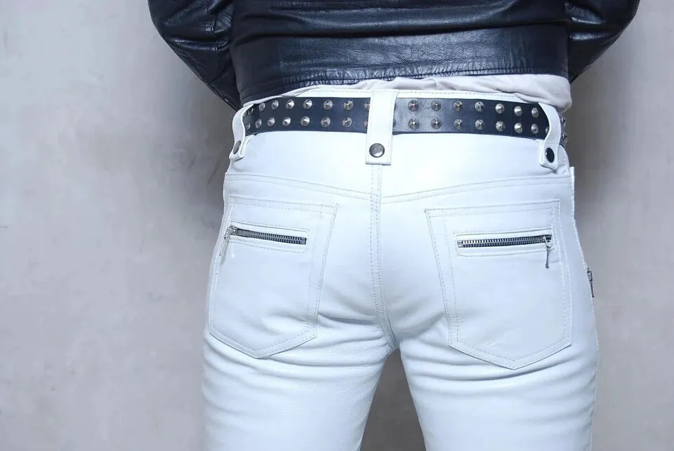Men's New Biker White Leather Sweat Pants. 100% Real Soft Lambskin Leather Jeans
