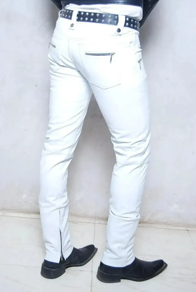 Men's New Biker White Leather Sweat Pants. 100% Real Soft Lambskin Leather Jeans