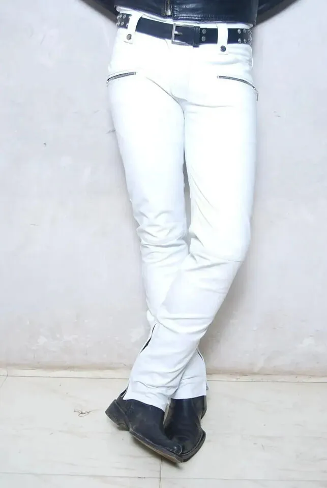 Men's New Biker White Leather Sweat Pants. 100% Real Soft Lambskin Leather Jeans