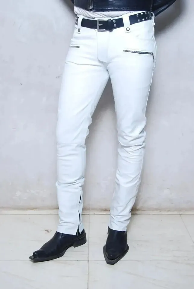 Men's New Biker White Leather Sweat Pants. 100% Real Soft Lambskin Leather Jeans