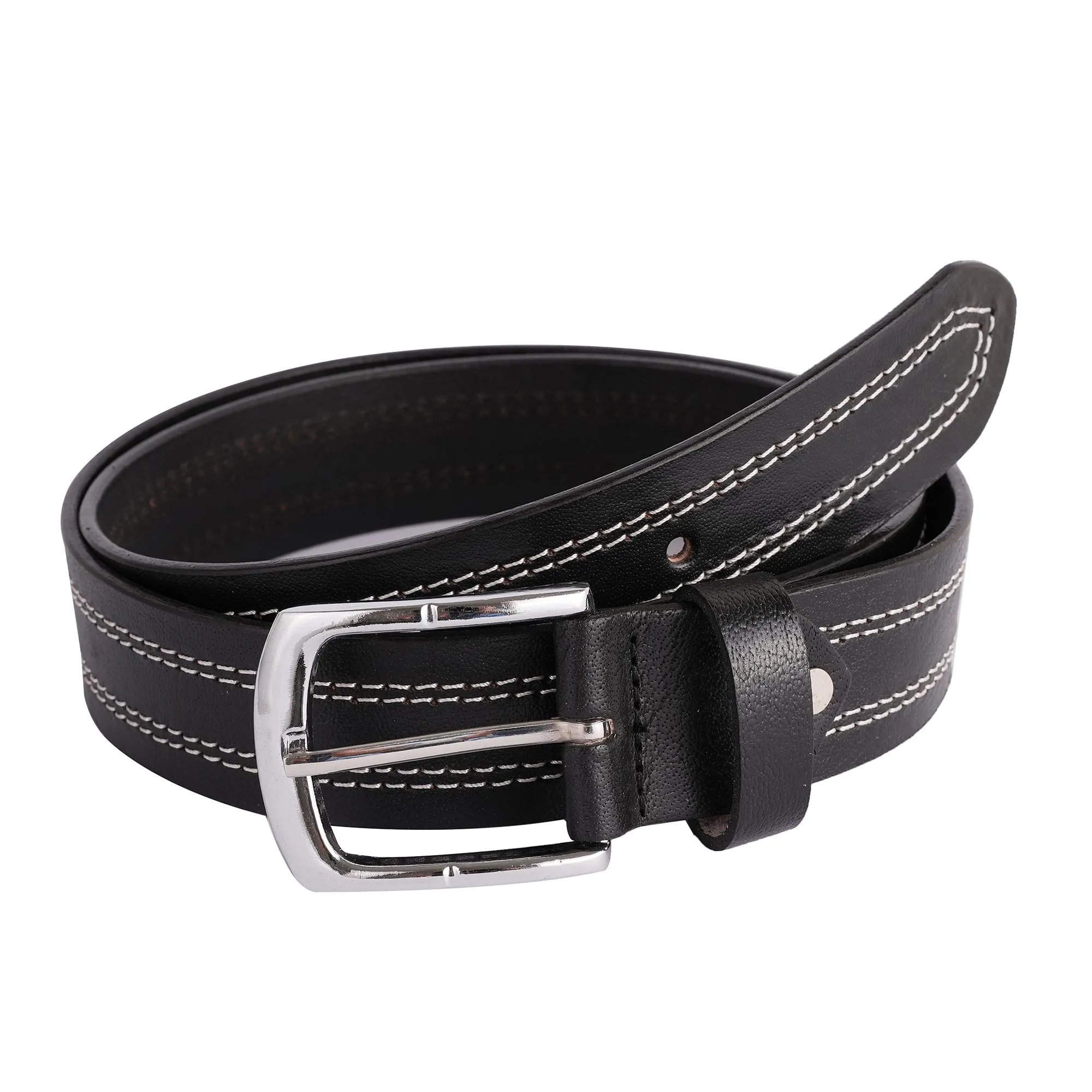 Mens Quad Stich Genuine Leather Belt - Casual Belt for Suits & Jeans, Single Prong Buckle