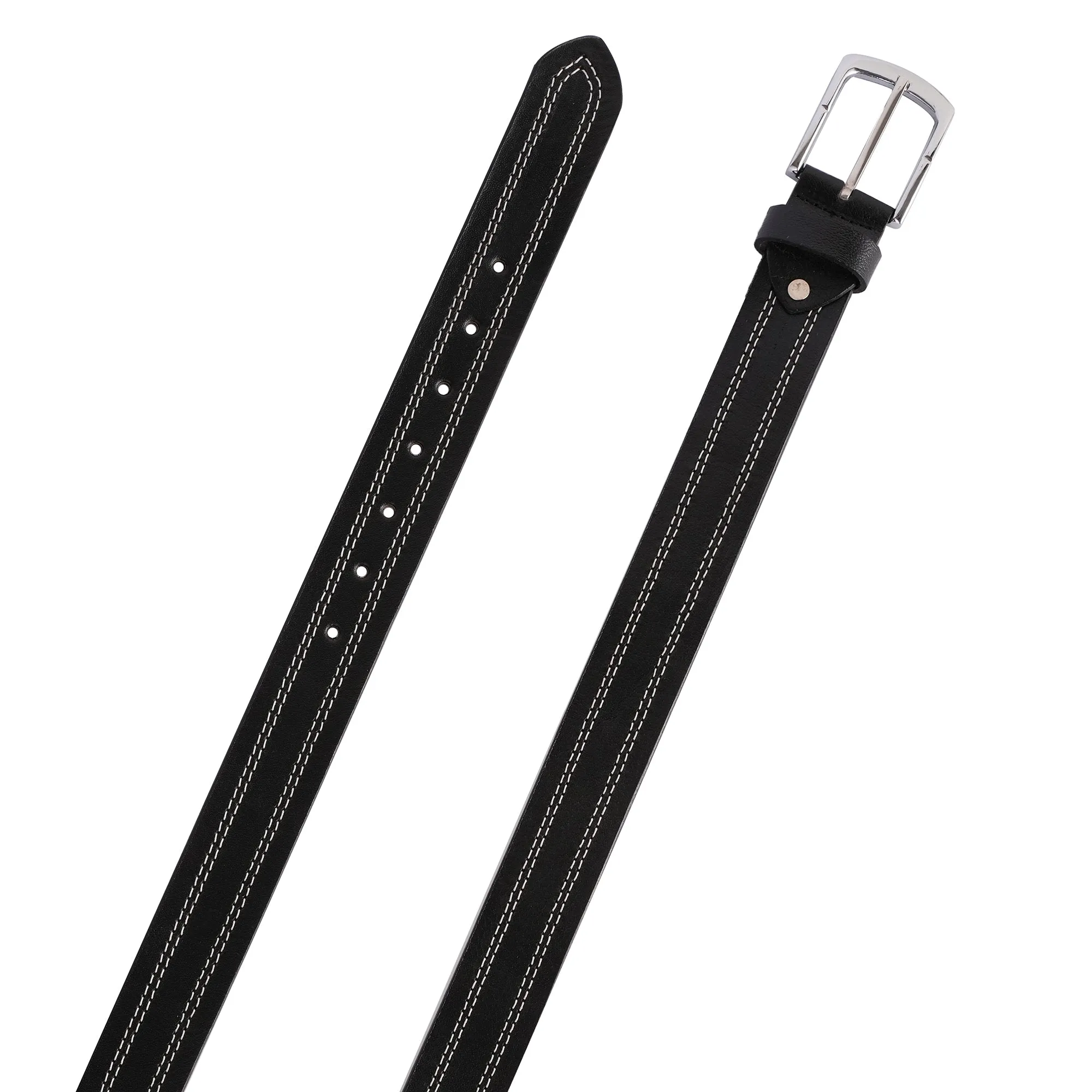 Mens Quad Stich Genuine Leather Belt - Casual Belt for Suits & Jeans, Single Prong Buckle