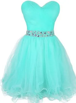 Mint Blue Short Tulle Beaded Homecoming Dresses, Sweetheart Knee Length Prom Dress 2018, Formal Gowns