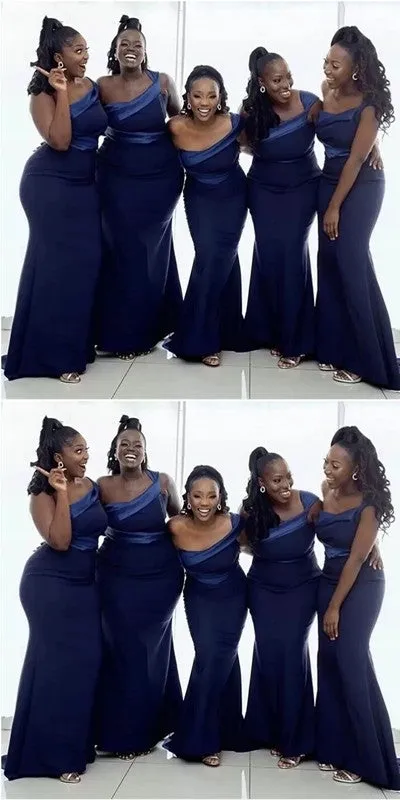 Navy Blue Mermaid One Shoulder Cheap Long Bridesmaid Dresses Online,WG1189