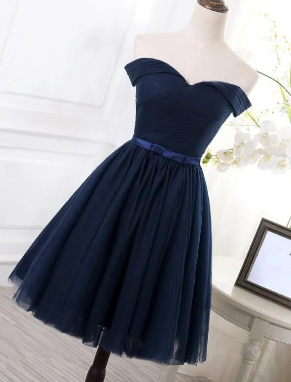 Navy Blue Short Bridesmaid Dress, Summer Wedding Party Dress, Off Shoulder Homecoming Dress