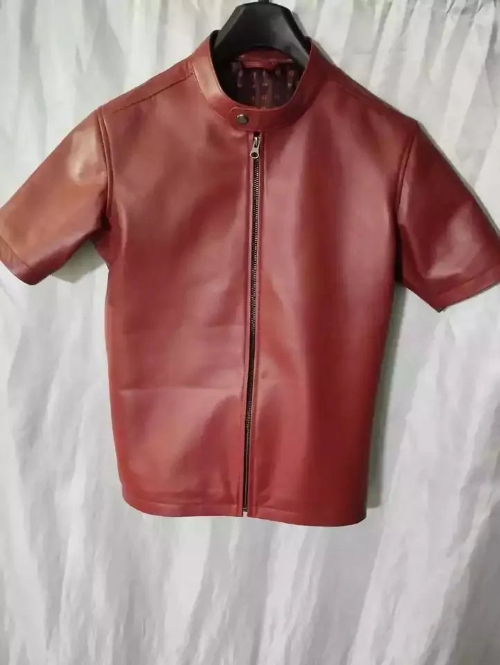 New Men's & Boys Black & Red Leather T-Shirt. Real Soft Lambskin Jacket.