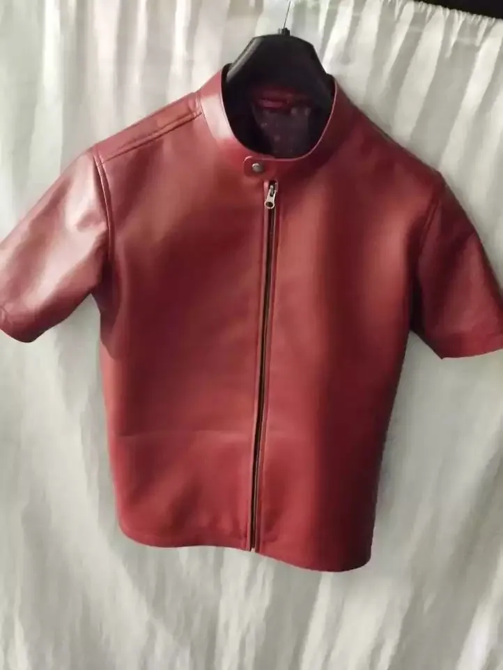 New Men's & Boys Black & Red Leather T-Shirt. Real Soft Lambskin Jacket.