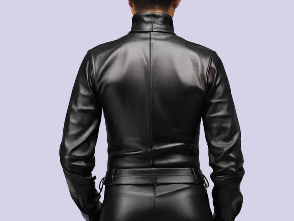 New Men's & Boys Black Turtle Neck Leather T-Shirt. Real Soft Lambskin Leather.