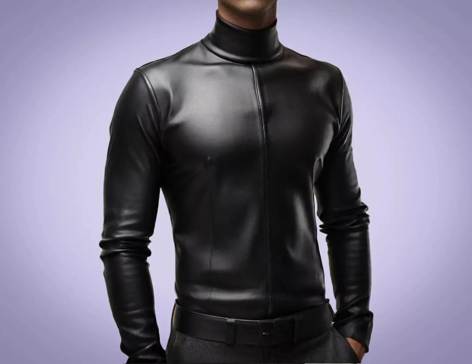 New Men's & Boys Black Turtle Neck Leather T-Shirt. Real Soft Lambskin Leather.