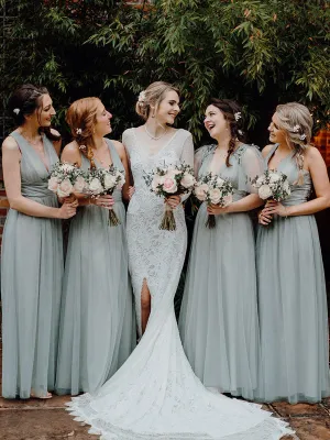 Newest V-neck Tulle Cheap Long Bridesmaid Dresses Online,RBWG0034