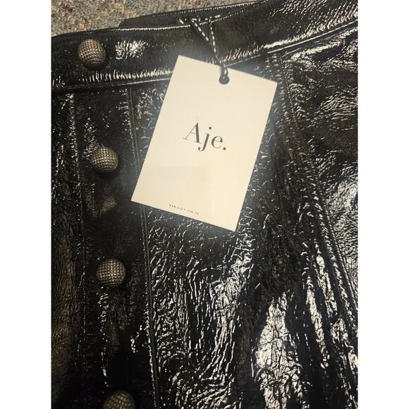 NWT Aje Black Patent Leather Mini A-Line Skirt Sz XS COS Goth Whimsygoth Shiny