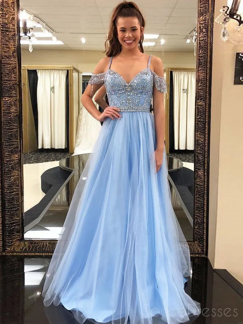 Off Shoulder Beading Blue A-line Custom Long Evening Prom Dresses, 17384