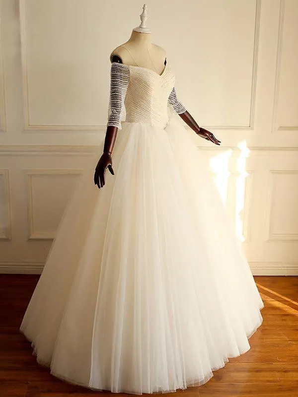 Off Shoulder Long Sleeve Beaded A-line Lace Long Custom Cheap Wedding Dresses, WD303