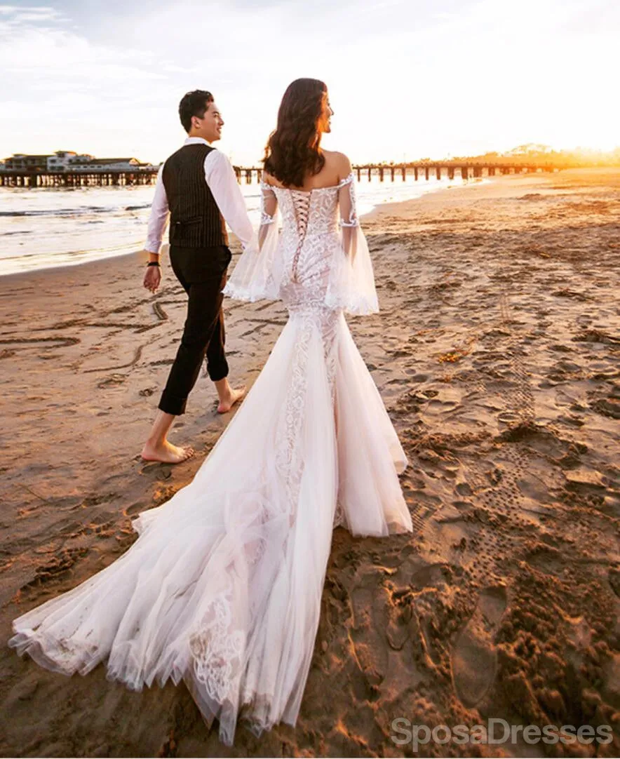 Off The Shoulder Long Sleeves Mermaid Wedding Dresses, Cheap Wedding Gown, WD711