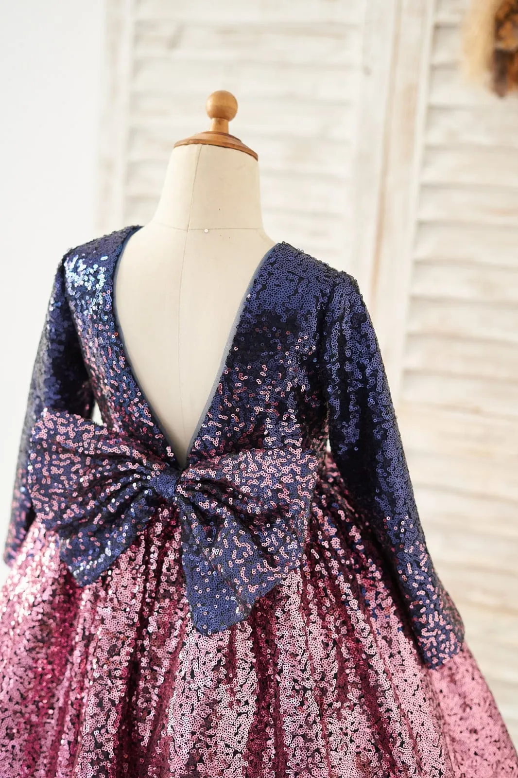 Ombre Navy Pink Sequin V Back Long Sleeves Wedding Flower Girl Dress, Bow