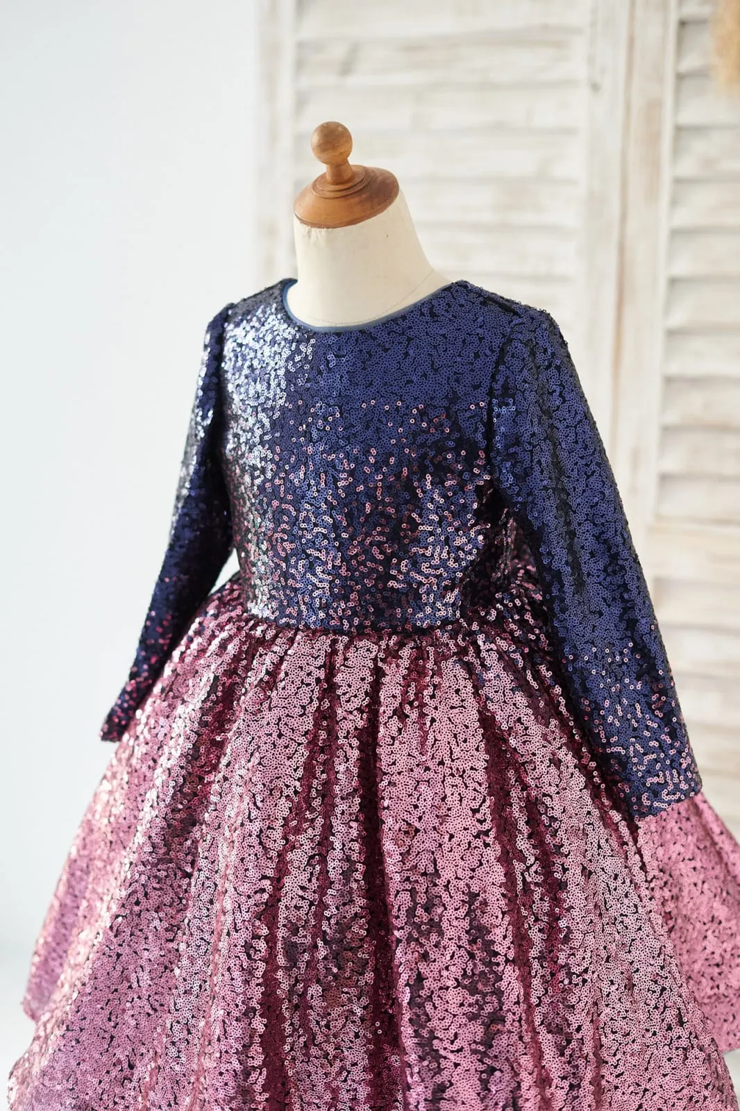 Ombre Navy Pink Sequin V Back Long Sleeves Wedding Flower Girl Dress, Bow