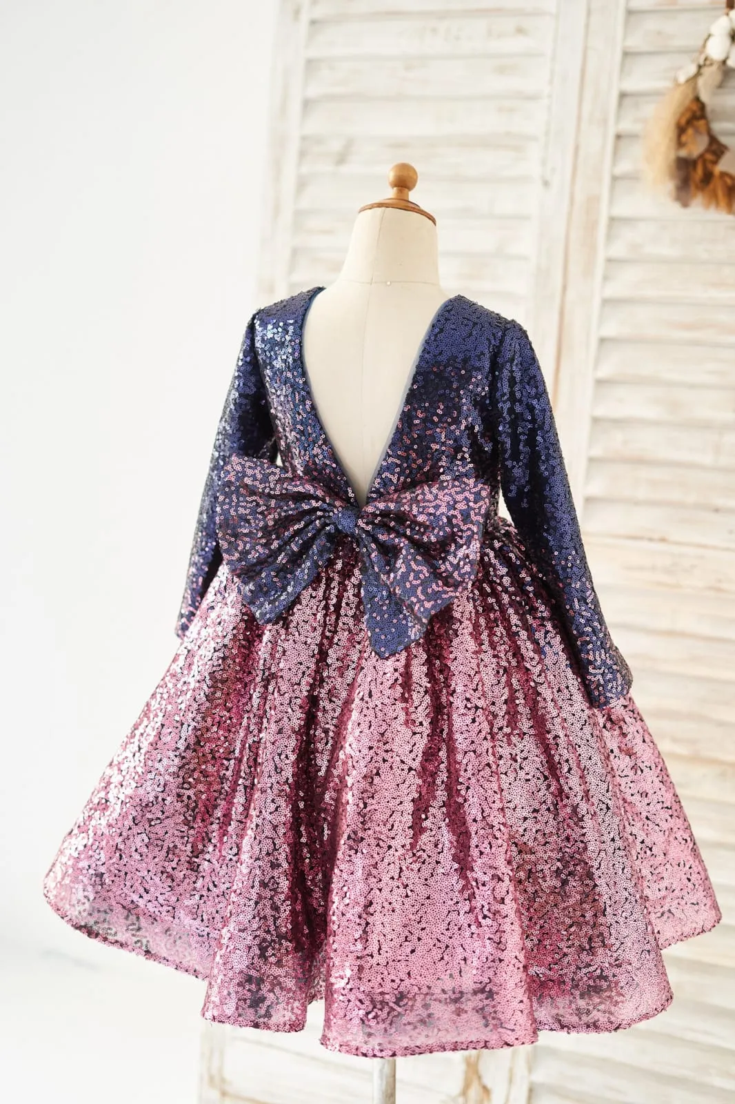 Ombre Navy Pink Sequin V Back Long Sleeves Wedding Flower Girl Dress, Bow