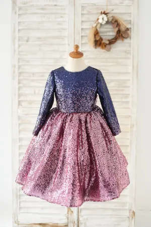 Ombre Navy Pink Sequin V Back Long Sleeves Wedding Flower Girl Dress, Bow