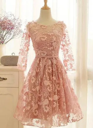 Pink Long Sleeves A-line Scoop Short/Mini Homecoming Dress, Lace Prom Dress