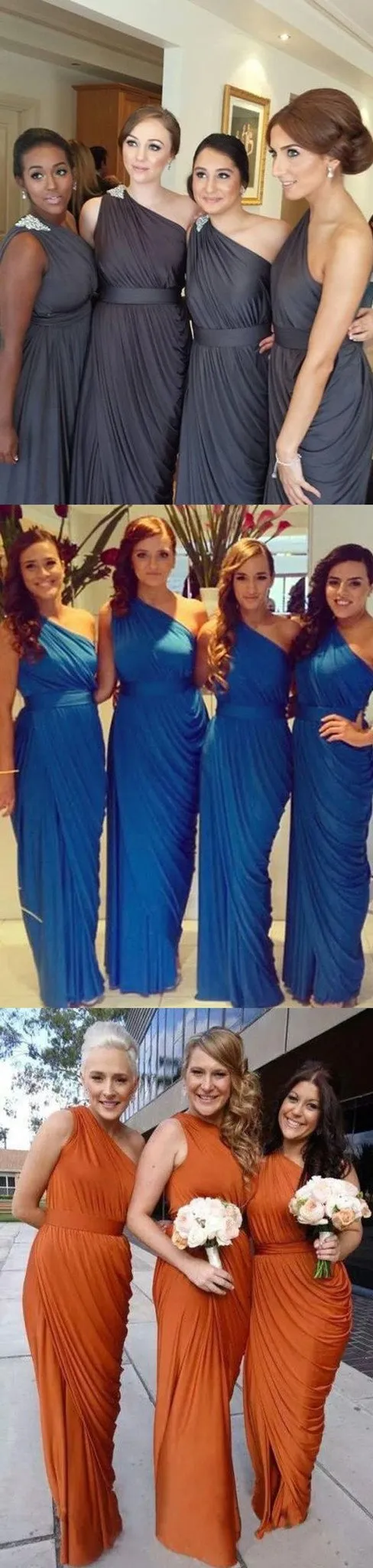 Pleating Chiffon One Shoulder Dark Grey Floor Length Simple Elegant Bridesmaid Dresses, WG129