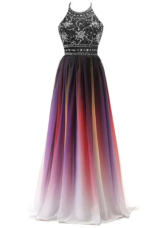 Pretty Chiffon Beaded Gradient Halter Prom Dress, Gradient Long Formal Dress
