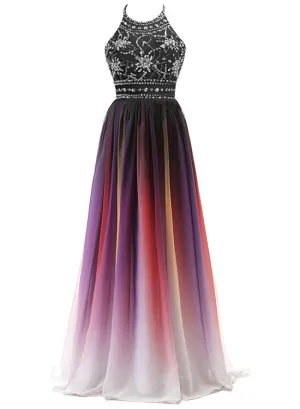 Pretty Chiffon Beaded Gradient Halter Prom Dress, Gradient Long Formal Dress