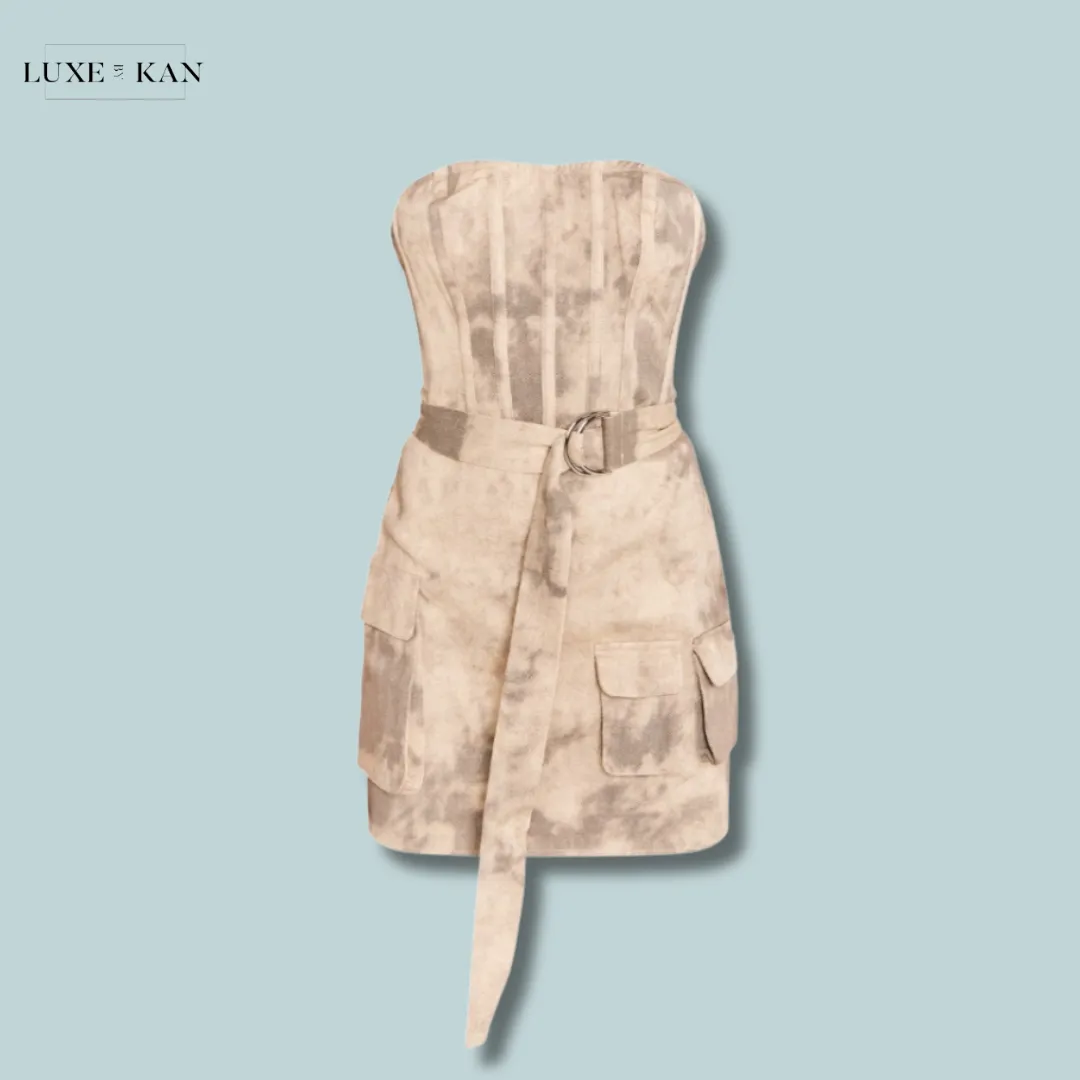 PRETTYLITTLETHING SAND ACID WASH CORSET BELTED POCKET BODYCON DRESS