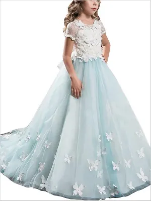 Princess Lace Tulle Short Sleeves Flower Girl Dresses Floor Length Dress