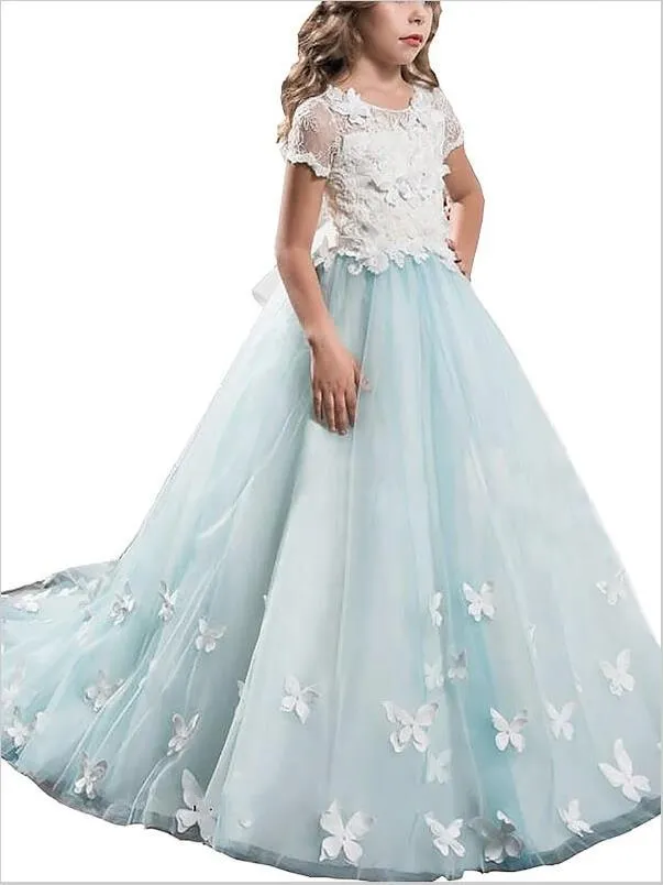 Princess Lace Tulle Short Sleeves Flower Girl Dresses Floor Length Dress