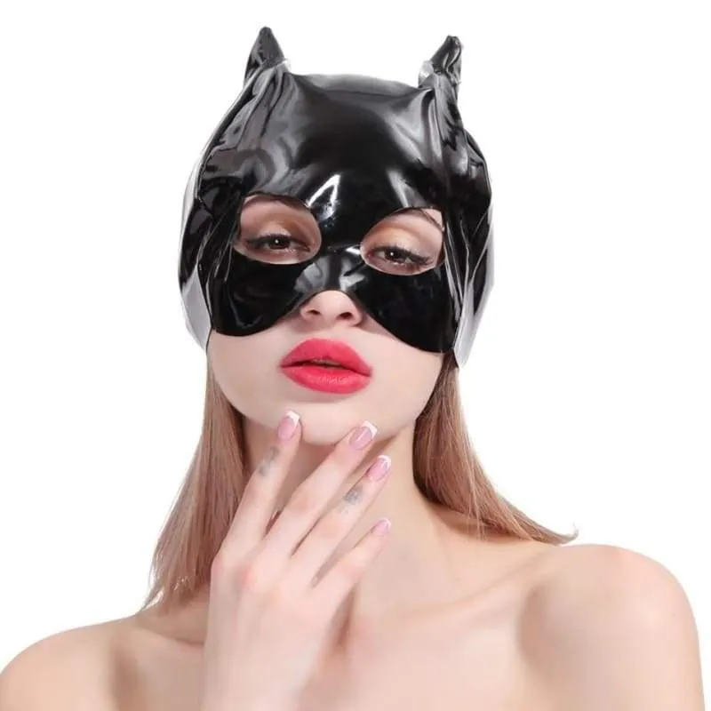 "Catwoman"  - Fetish Mistress Cat Head Hood For BDSM Cosplay Headgear Bondage with Cat Ears Restraints Half Face Mask